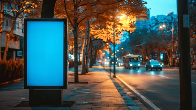 A street with a blue light on it at night