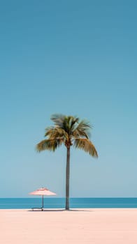 A lone palm tree on a sandy beach with an umbrella