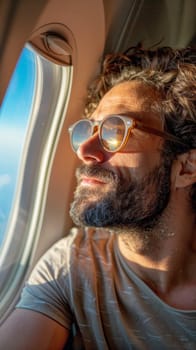 A man with sunglasses looking out of an airplane window