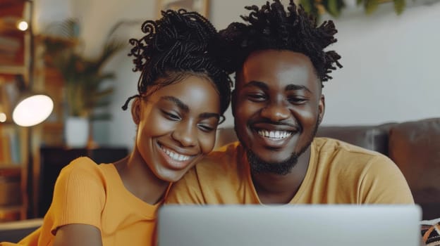 A man and woman smiling while looking at a laptop