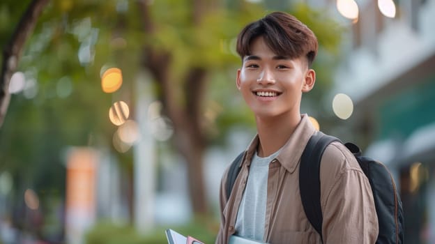A young man with backpack smiling while holding a folder