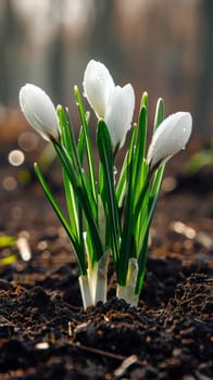 A small white flowers growing out of the ground in a dirt field