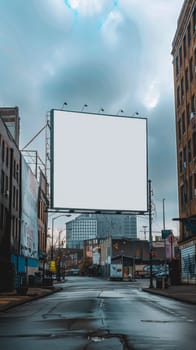 A large billboard is on a street in the middle of an empty city