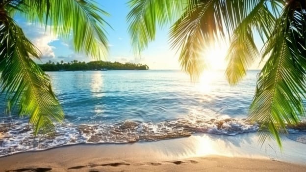 A beach with palm trees and water in the background