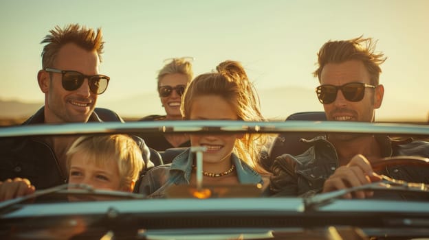 A group of people are smiling while driving in a car