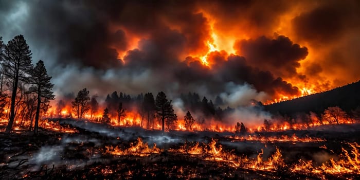 The intensity of a raging wildfire as it engulfs a forest in flames, capturing the spectacle of fiery embers and billowing smoke against a darkened sky. Panorama