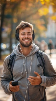 A man with headphones and a backpack smiling while holding his phone