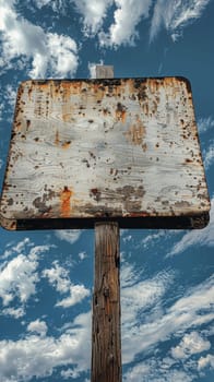 A rusted sign on a wooden post against the blue sky