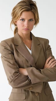 A woman in a suit with her arms crossed and looking at the camera