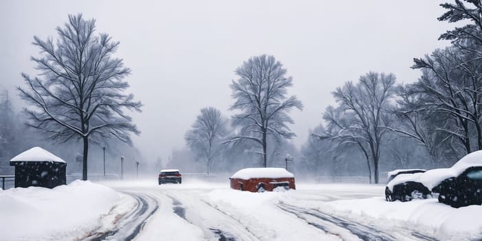 The impact of a severe blizzard with snowdrifts engulfing structures and roads, creating a wintry landscape shrouded in a blanket of white. Panorama