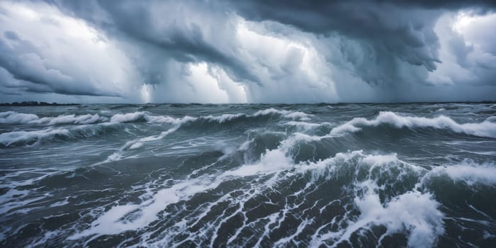 The power of a destructive hurricane by capturing the immense storm surge flooding coastal areas, showcasing the relentless force of nature's wrath. Panorama