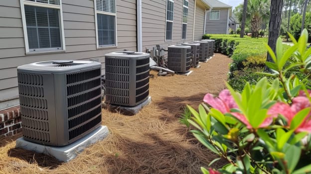 A row of air conditioners outside a house with flowers