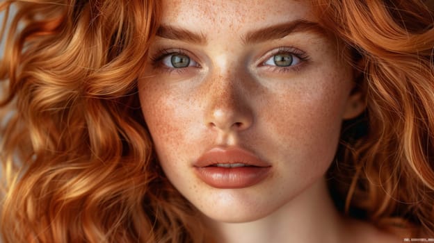 A close up of a woman with red hair and freckles