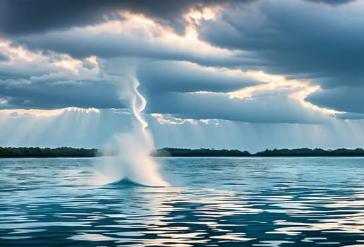 The mesmerizing spiral pattern of a waterspout forming over a body of water, highlighting the ethereal beauty of this natural phenomenon before it dissipates. Panorama