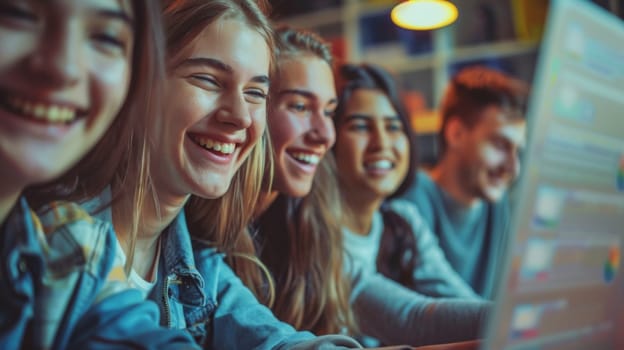 A group of people smiling while looking at a computer screen