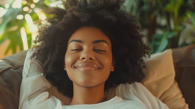 A woman with curly hair laying on a couch smiling