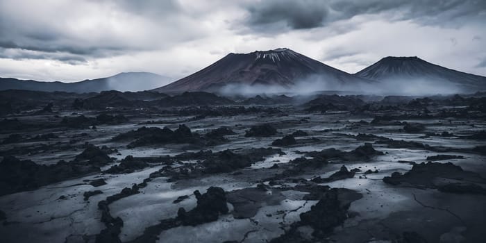 The aftermath of a volcanic eruption with layers of ash covering the surrounding landscape, creating an eerie and monochromatic scene that portrays the devastation caused by the event. Panorama