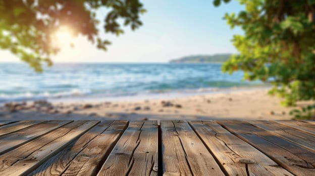 A wooden table with a view of the beach and trees