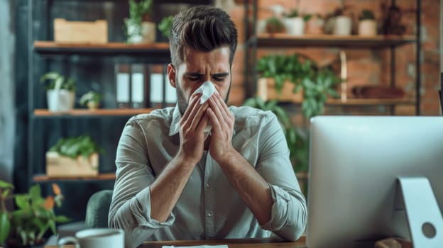 A man sitting at a desk with his hand over his nose