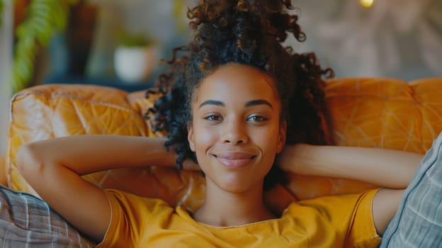 A woman laying on a couch with her hands behind her head