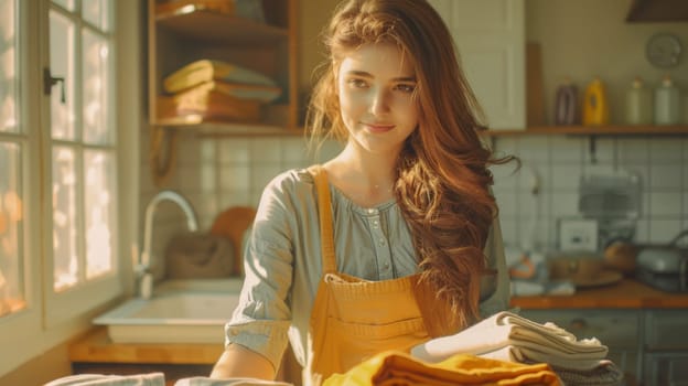 A woman in a kitchen with laundry on the counter