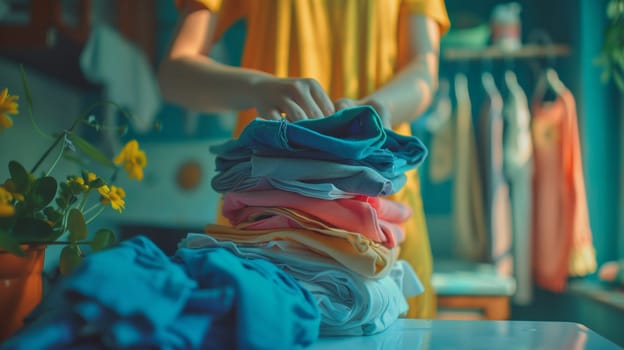 A person in a yellow shirt is folding clothes on top of the table
