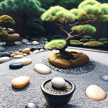 Mindfulness Moment. Capture the essence of mindfulness and meditation by photographing a zen garden with carefully arranged pebbles, a miniature bonsai tree, and a tranquil water fountain to evoke a sense of peace and balance.