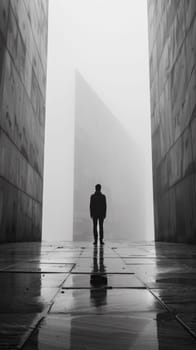 A man standing in the middle of a large building with fog