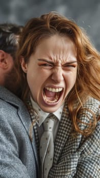 A woman in a suit and tie with her mouth open