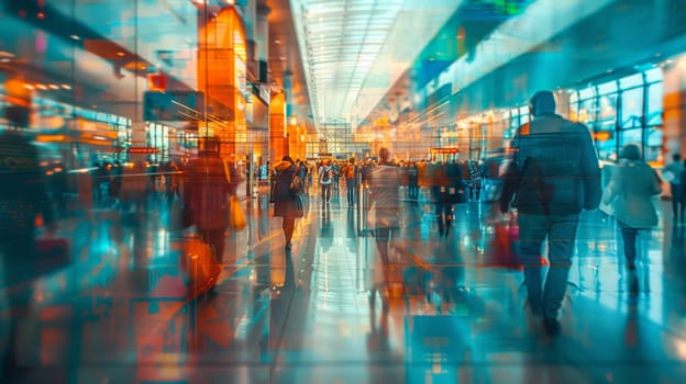 A blurry image of people walking through a busy airport terminal