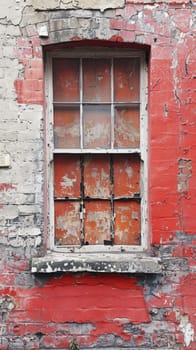 A window of a red brick building with peeling paint