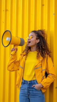 A woman in yellow jacket and jeans holding a megaphone