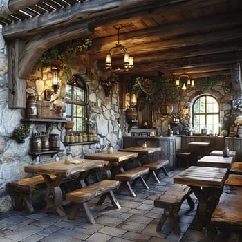 Medieval themed tavern with stone walls and heavy wooden tables3D render.