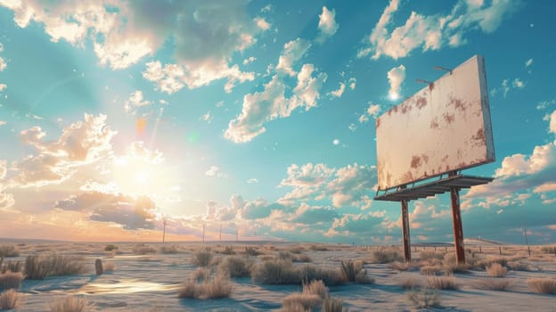 A large billboard in the middle of a desert with clouds