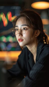 A woman in glasses looking at a computer screen with lights behind her