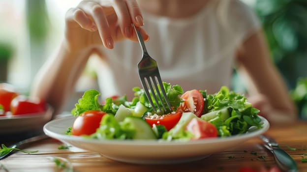 A woman holding a fork over salad with tomatoes and lettuce