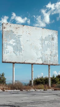 A large white billboard sitting on a street corner with clouds in the sky