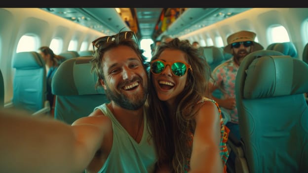 A couple of a man and woman are taking selfies on an airplane