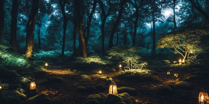 Moonlit Forest Glade. Amidst ancient trees, a moonbeam illuminates a hidden glade. Dew-kissed mushrooms glow softly, and fireflies dance in the night. Ethereal beauty of this mystical meeting place.