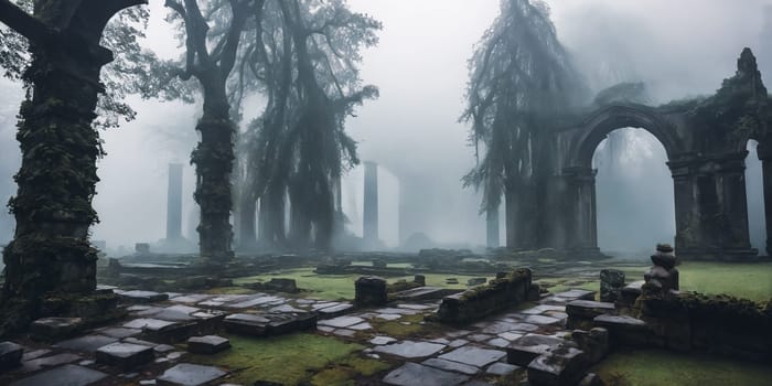 Mist-Clad Ruins. The remnants of an ancient castle, shrouded in mist. Ivy-clad walls crumble gracefully, and forgotten statues guard the entrance.