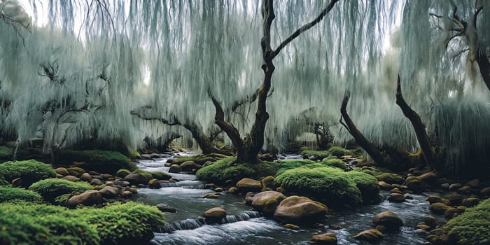 Whispering Willow Grove. Beneath ancient willow trees, their long branches trailing in a silver river, tiny doors appear. Fairies, sprites, and woodland creatures gather here, sharing secrets and laughter.