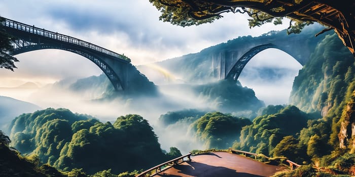 Rainbow Bridge. Arching across a misty gorge, a rainbow bridge connects two worlds. Its colors shift with the light, and travelers-human or magical, cross between realms. The bridge's ephemeral beauty.