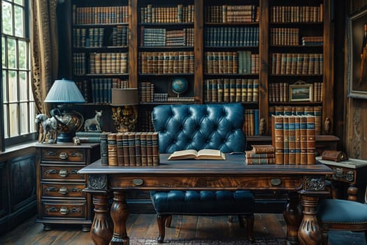 Vintage-inspired study with leather-bound books and a classic writing desk