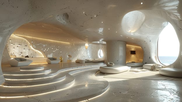 Futuristic lobby with interactive installations and high-tech features