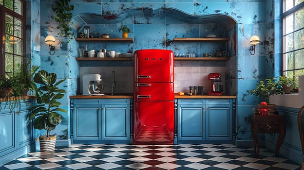 Vintage diner-inspired kitchen with checkered floors and retro appliances