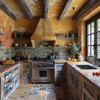 Mediterranean-style kitchen with terracotta tiles and iron accents