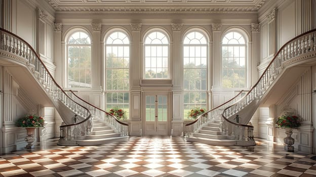 Classic Georgian-style foyer with a grand staircase and detailed moldings