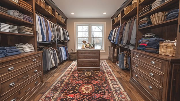 Spacious walk-in closet with custom shelving and an island dresser