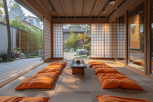 Zen meditation room with tatami mats, a low table, and serene artwork