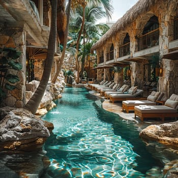 Tropical resort pool area with cabanas and a swim-up bar